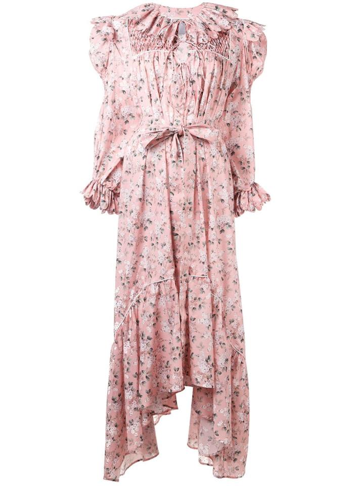 Horror Vacui Floral Print Asymmetric Dress - Pink & Purple