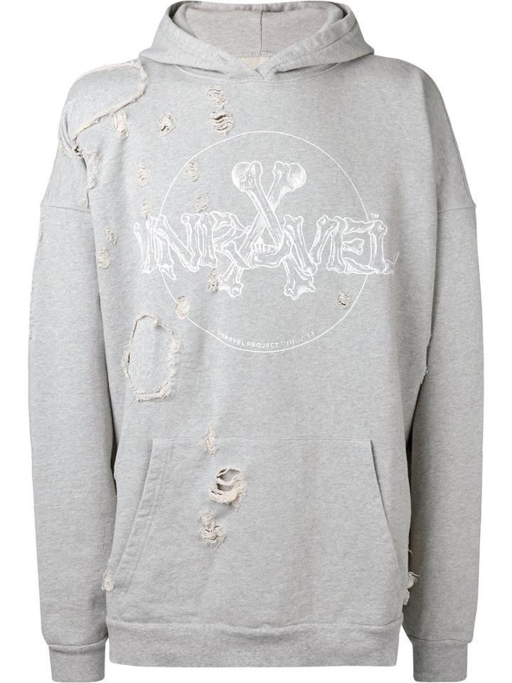Unravel Project Distressed Hoodie, Men's, Size: Large, Grey, Cotton