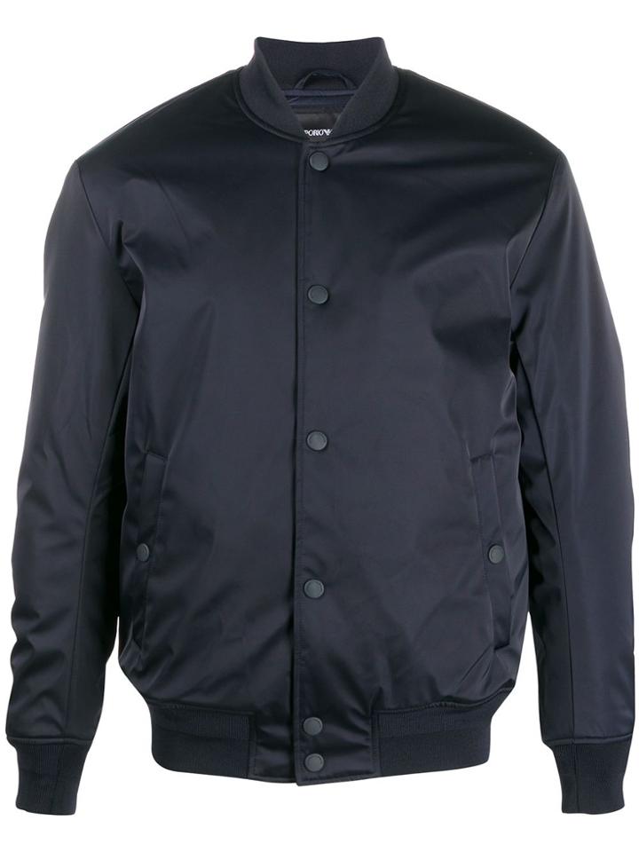 Emporio Armani Logo Embroidered Textured Bomber Jacket - Blue
