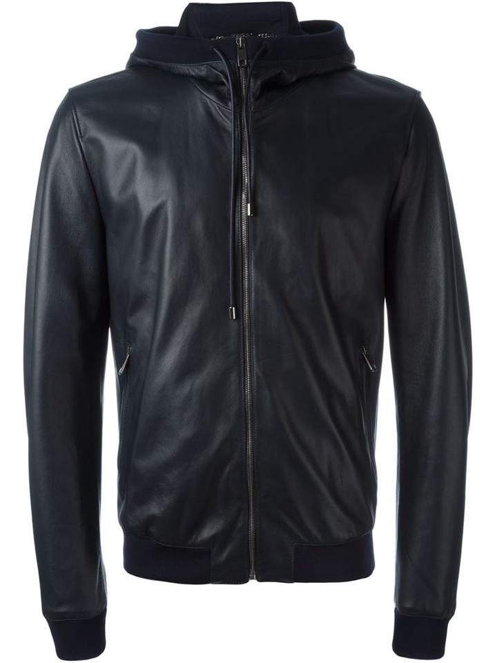 Dolce & Gabbana Leather Hooded Jacket, Men's, Size: 50, Blue, Lamb Skin/acetate/viscose/spandex/elastane