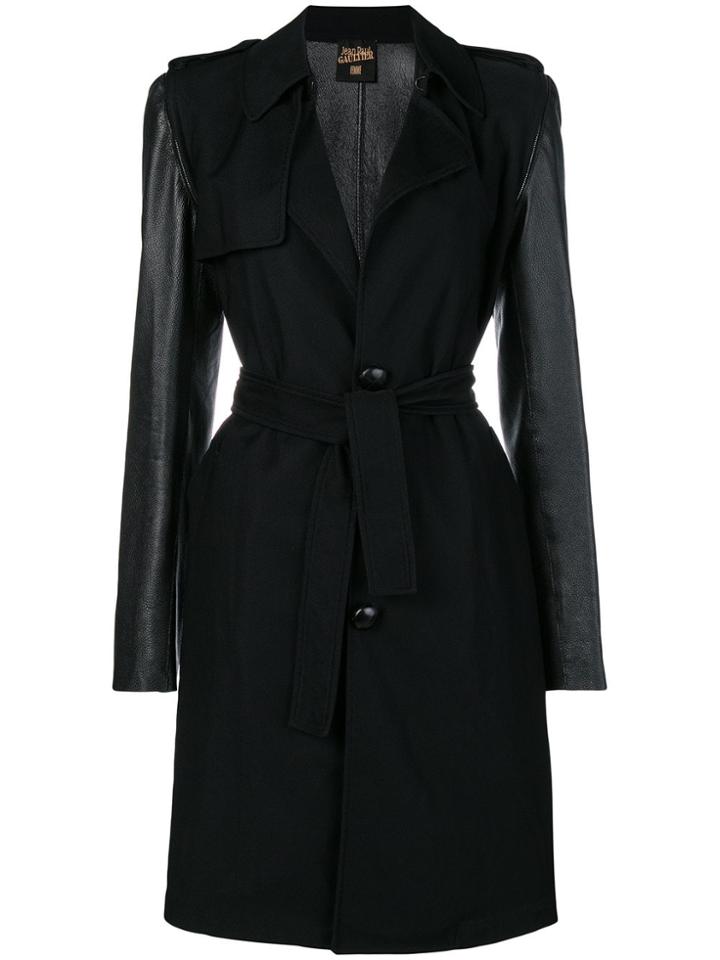 Jean Paul Gaultier Vintage Faux-leather Sleeves Belted Coat - Black