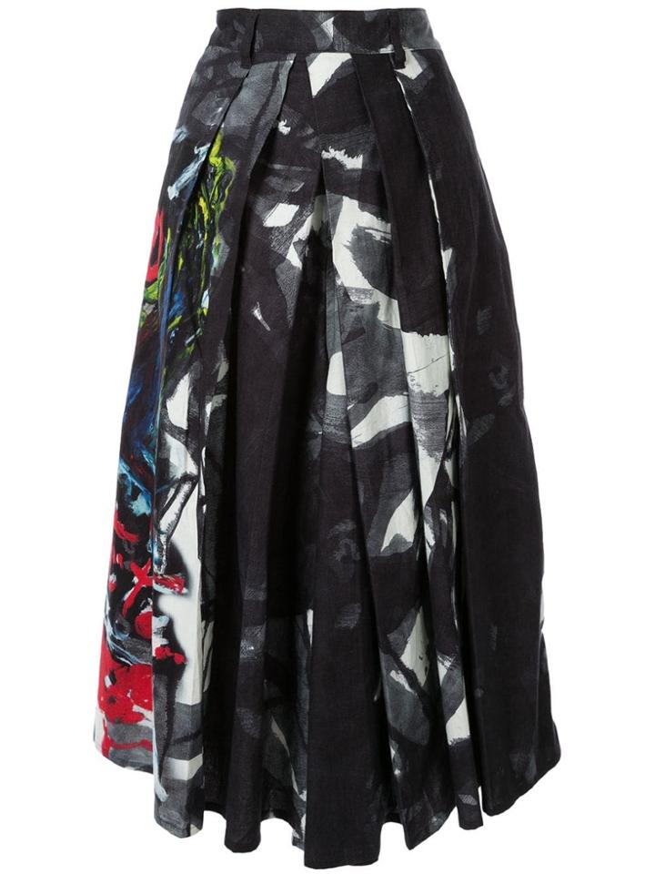 Yohji Yamamoto Pleated Print Midi Skirt - Black