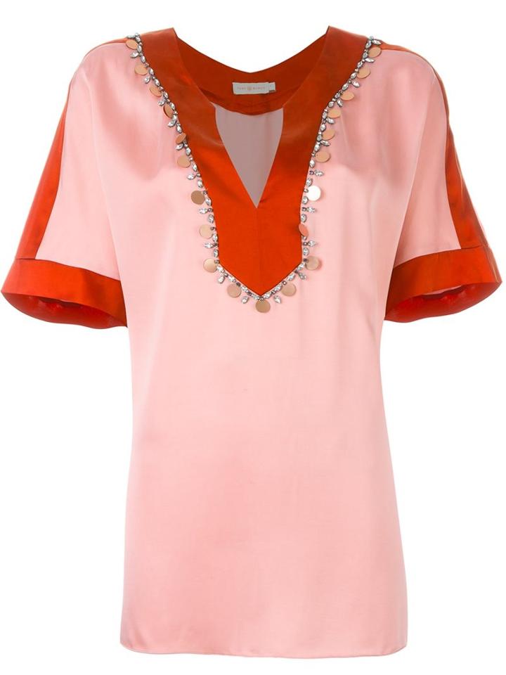 Tory Burch Embellished Neck Blouse, Women's, Size: 8, Pink/purple, Silk/cupro