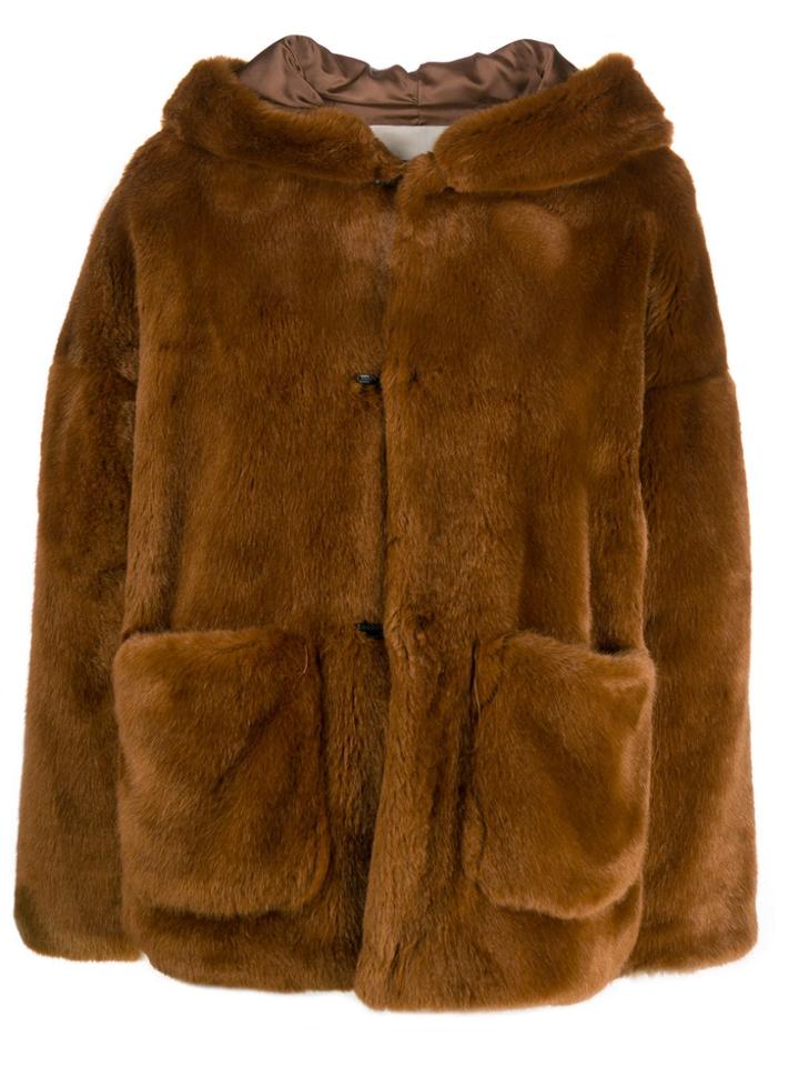 L'autre Chose Hooded Faux Fur Jacket - Brown