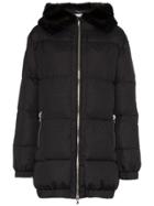 Moschino Faux Fur Trimmed Logo Print Puffer Jacket - Black