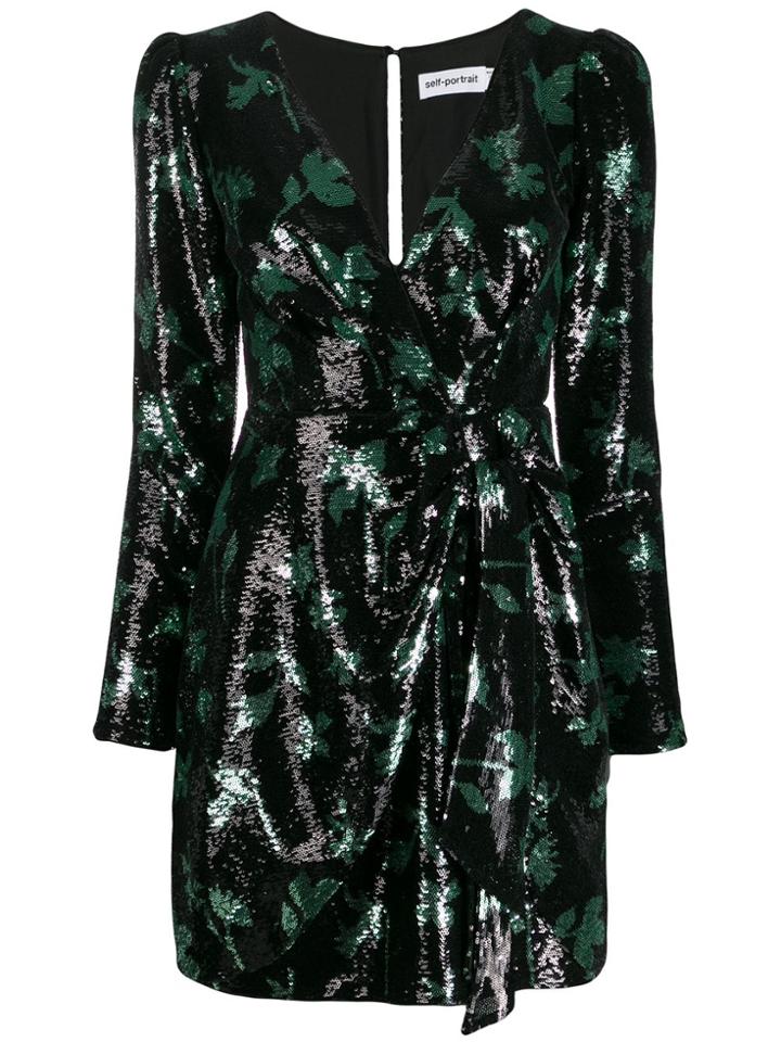 Self-portrait Leaf Sequin Mini Dress - Black