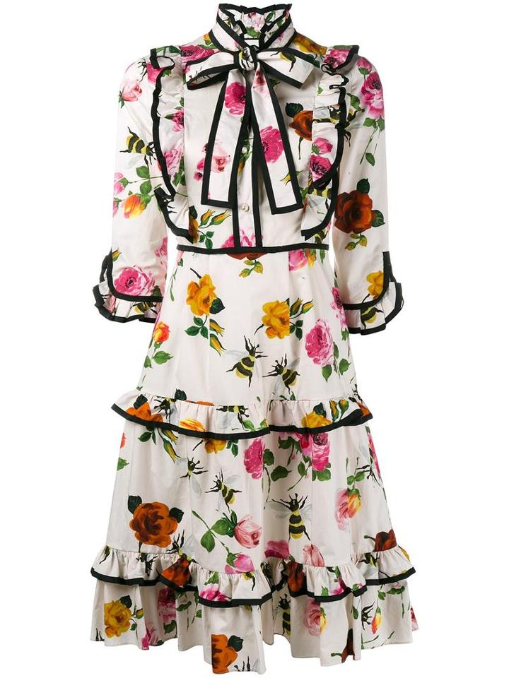 Gucci Floral Pussy Bow Dress, Women's, Size: 44, White, Viscose/polyester/acetate/silk