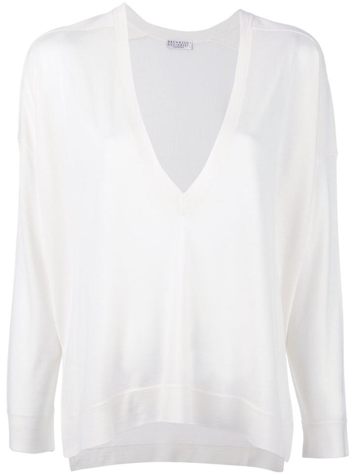 Brunello Cucinelli V-neck Blouse, Women's, Size: Large, White, Cashmere/silk