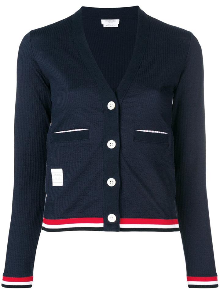 Thom Browne Rwb Trim Seersucker Cardigan - Blue