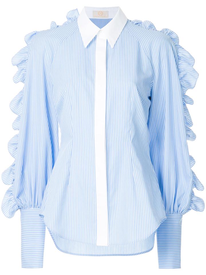Sara Battaglia Ruffle Trim Striped Shirt - Blue