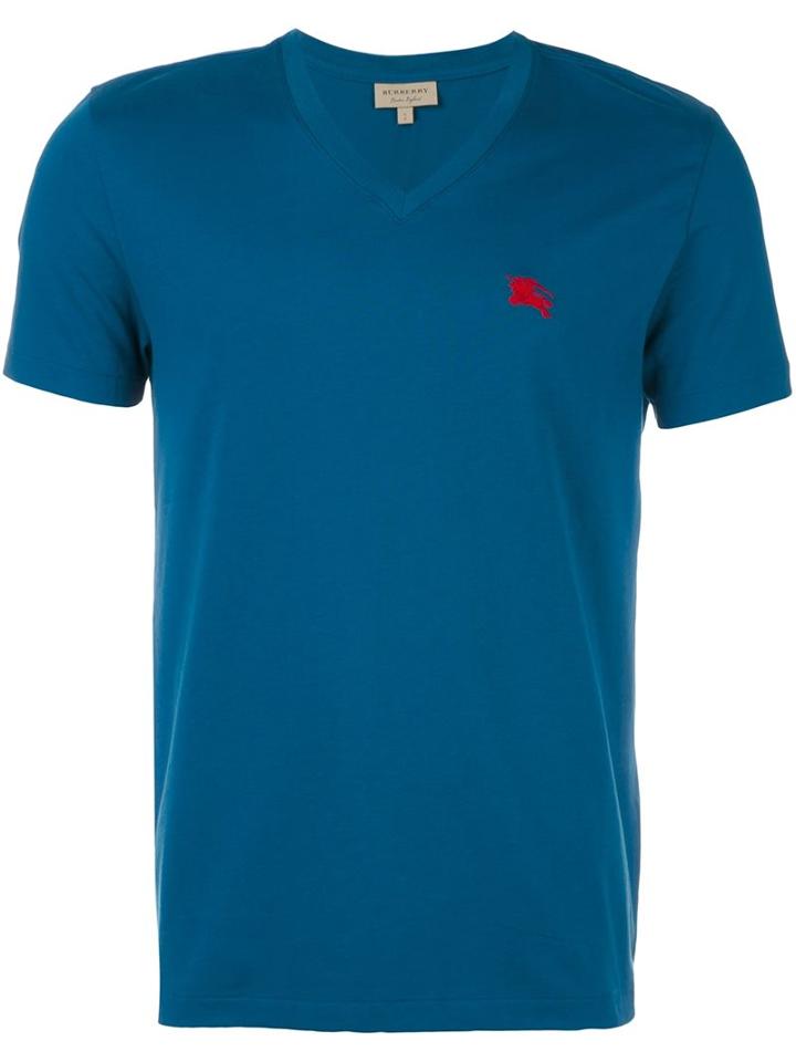 Burberry V Neck T-shirt, Men's, Size: Small, Blue, Cotton