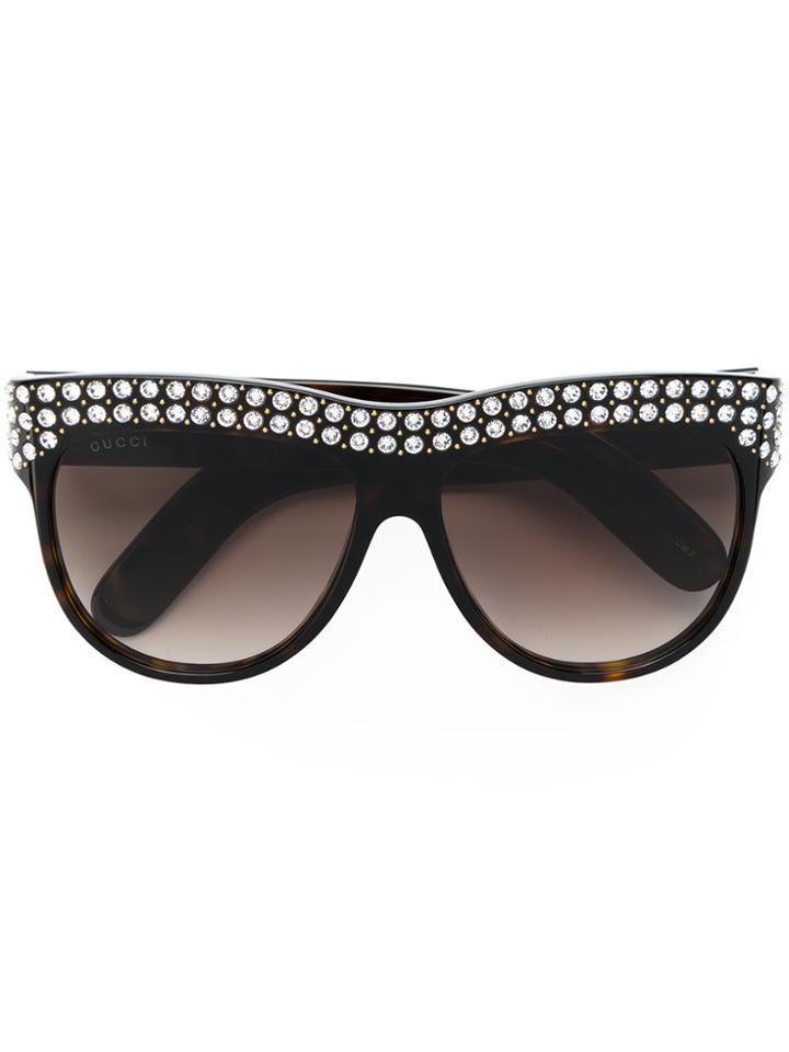 Gucci Eyewear Flat Top Crystal Sunglasses - Brown