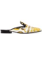 Versace White, Black And Yellow Baroque Print Leather Backless Loafers