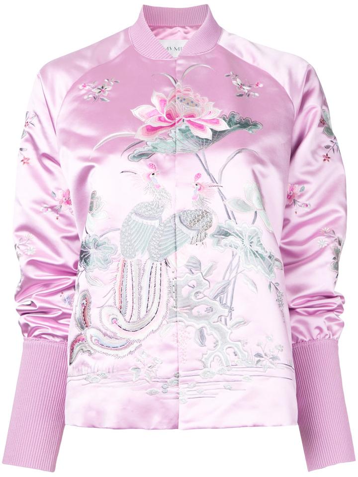 Ms Min Floral Embroidery Bomber Jacket, Women's, Size: 4, Pink/purple, Polyester