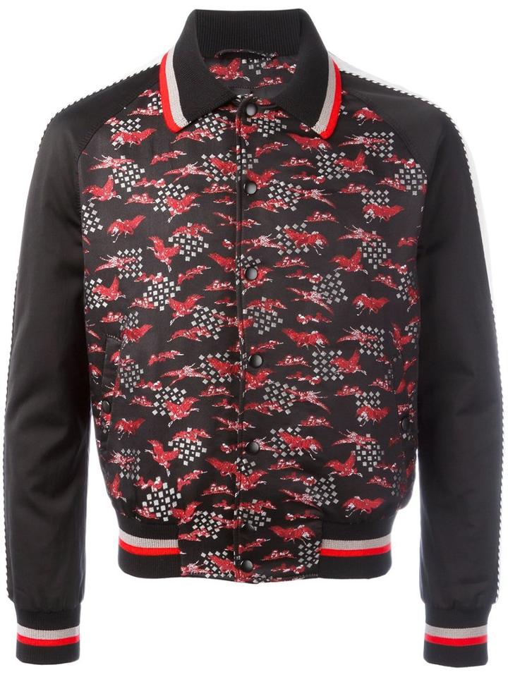 Lanvin Embroidered Crane Bomber Jacket, Men's, Size: 50, Black, Polyester/silk/cupro/viscose