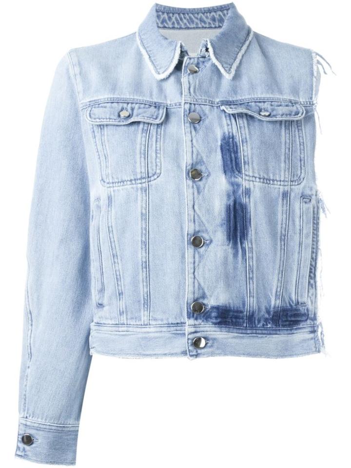 Mm6 Maison Margiela Asymmetric Frayed Button Up Denim Jacket, Women's, Size: 42, Blue, Cotton