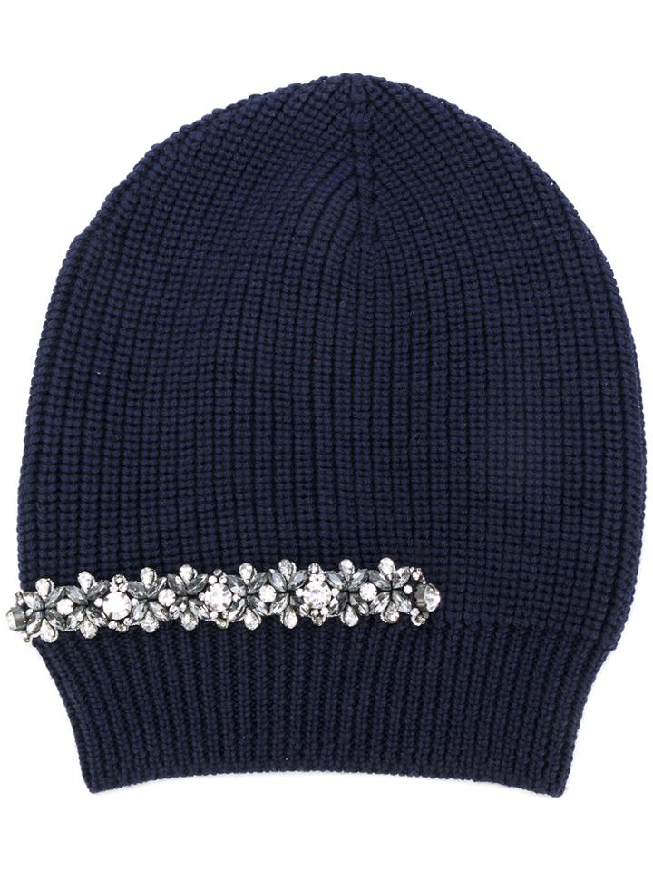 No21 Crystal Embellished Ribbed Beanie - Blue