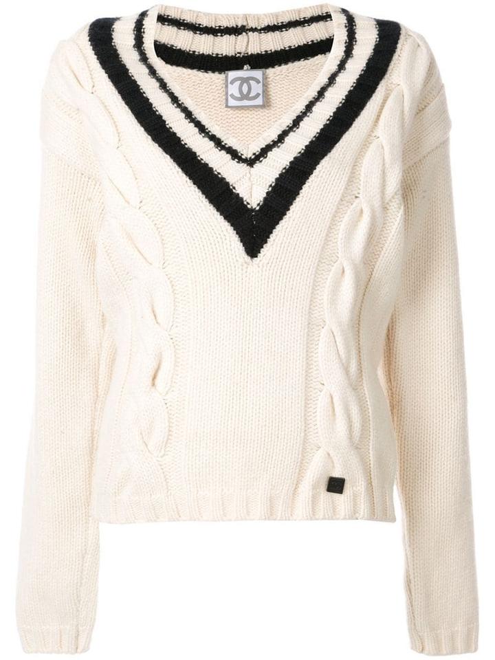 Chanel Pre-owned Cable Knit V-neck Jumper - White