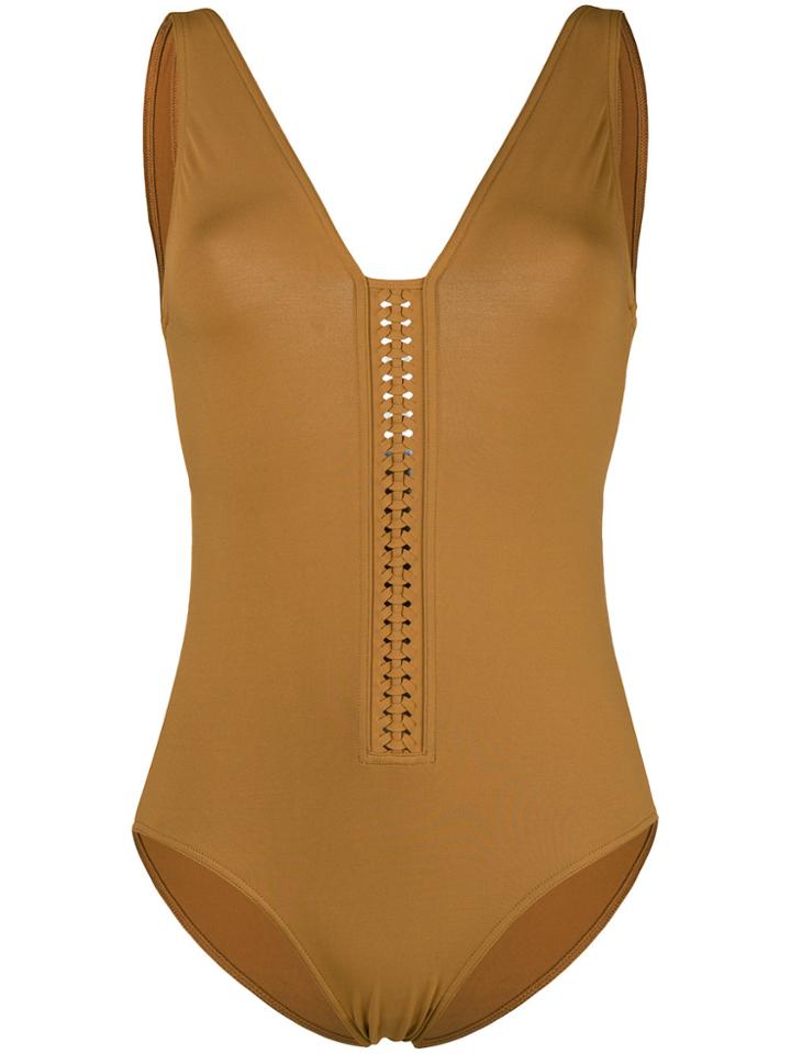 Eres V-neck Woven Detail Swimsuit - Brown