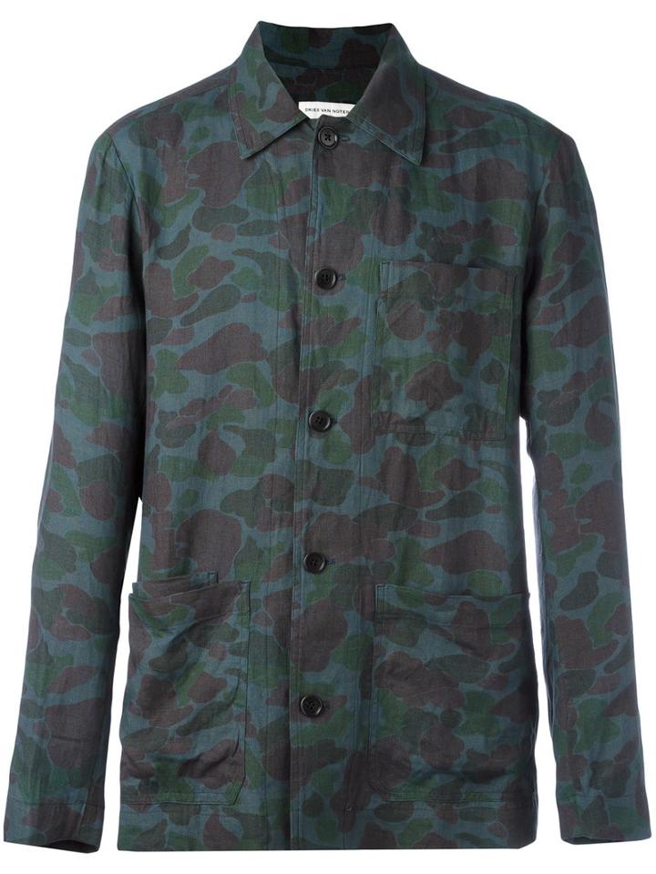 Dries Van Noten Camouflage Print Shirt, Men's, Size: 50, Blue, Linen/flax