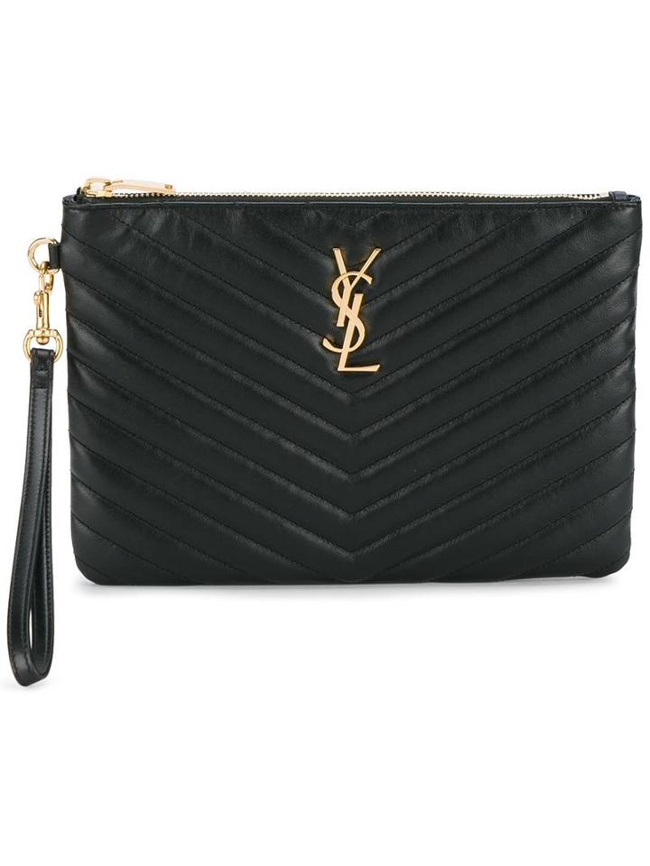 Saint Laurent Monogram Matelassé Pouch, Women's, Black, Leather