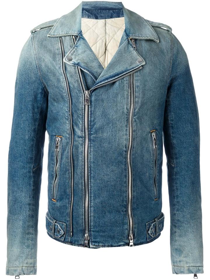 Balmain Biker Jacket, Men's, Size: Medium, Blue, Cotton/polyester/cupro