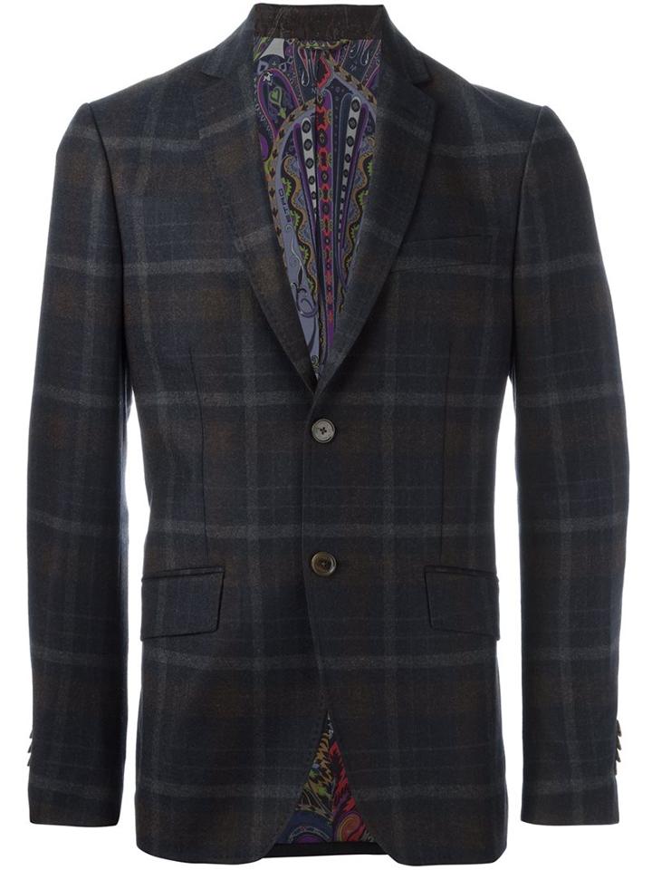 Etro Flap Pockets Checked Blazer, Men's, Size: 54, Blue, Wool