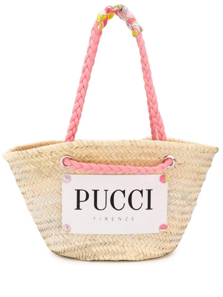 Emilio Pucci Logo Print Raffia Basket Bag - Neutrals
