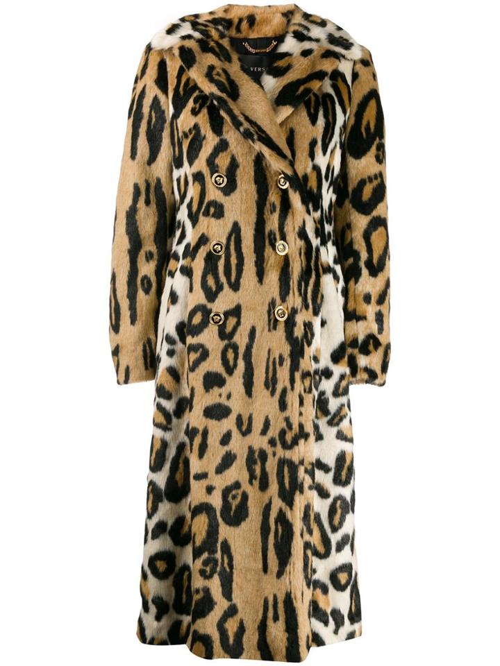 Versace Leopard Print Double-breasted Coat - Brown