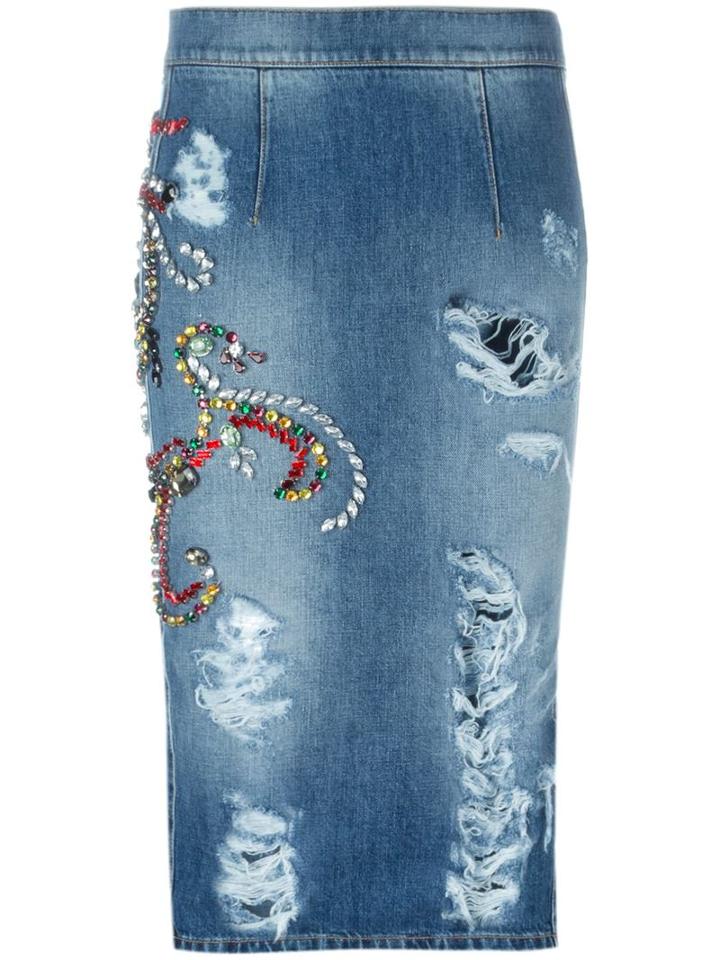 Marco Bologna Distressed Denim Pencil Skirt, Women's, Size: 40, Blue, Cotton/glass/metal Other