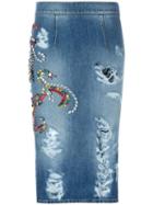 Marco Bologna Distressed Denim Pencil Skirt, Women's, Size: 40, Blue, Cotton/glass/metal Other