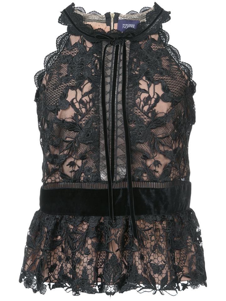 Marchesa Notte Lace Detail Peplum Top - Black