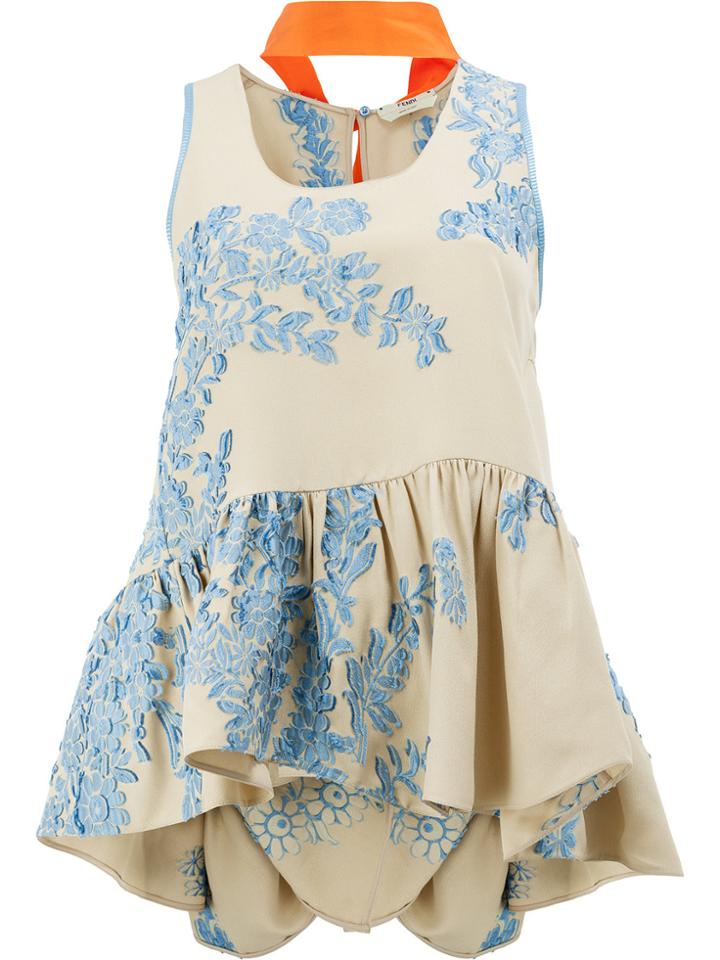 Fendi Floral Embroidered Peplum Hem Blouse With Neck Tie - Nude &