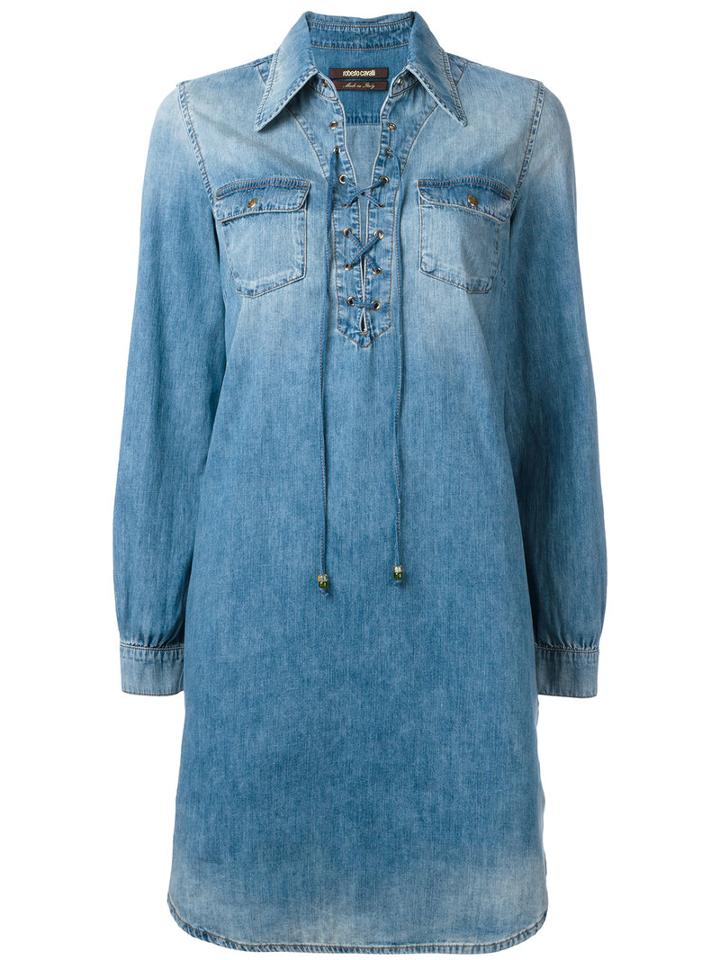 Roberto Cavalli Lace-up Denim Shirt Dress, Women's, Size: 38, Blue, Cotton