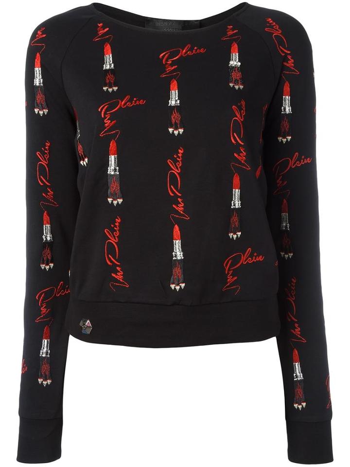 Philipp Plein Lipstick Embroidered Sweatshirt, Women's, Size: Small, Black, Cotton/spandex/elastane/polyester