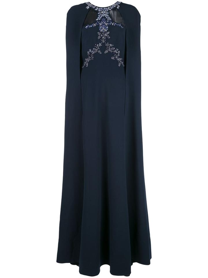 Marchesa Notte Bead Embroidered Crepe Cape Gown - Blue