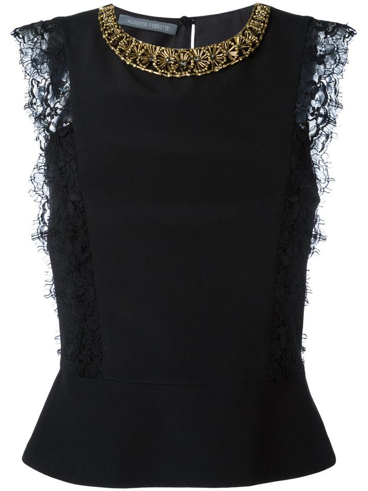 Alberta Ferretti - Embellished Lace Detail Tank - Women - Silk/rayon - 44, Black, Silk/rayon
