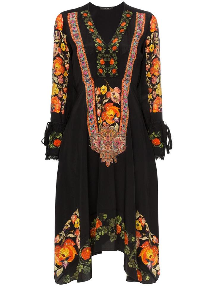Etro Floral Print Lace Trim Silk V-neck Dress - Black