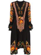 Etro Floral Print Lace Trim Silk V-neck Dress - Black