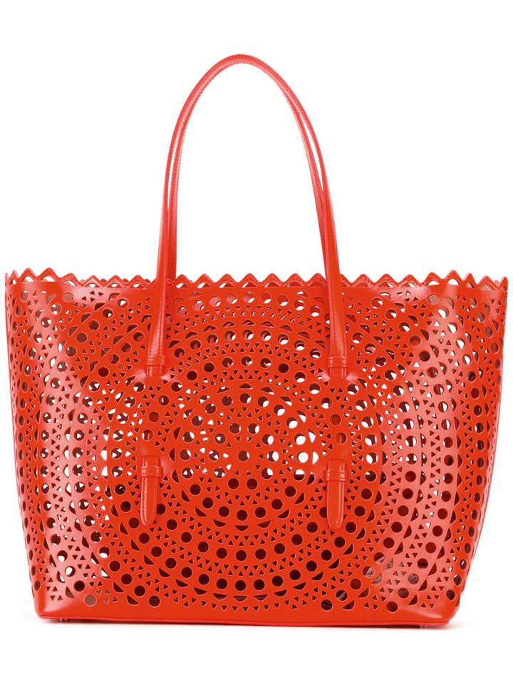 Alaïa Circular Pattern Perforated Tote, Women's, Red, Calf Leather