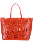 Alaïa Circular Pattern Perforated Tote, Women's, Red, Calf Leather
