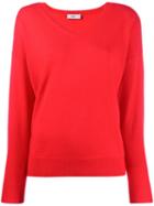 Closed V-neck Fine Knit Sweater - Red