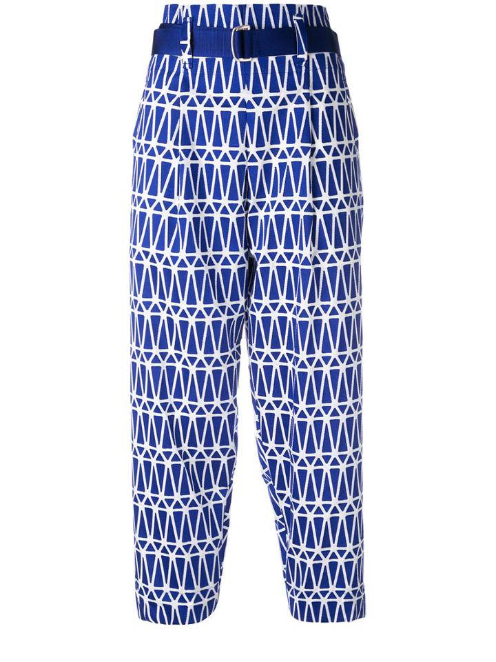 Issey Miyake Printed Cropped Trousers, Women's, Size: 3, Blue, Cotton/lyocell/polyester