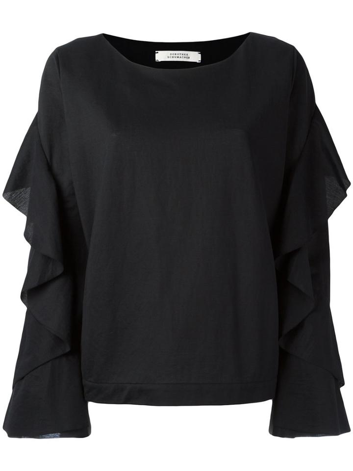 Dorothee Schumacher Ruffled Longsleeved Blouse, Women's, Size: 4, Black, Cotton/polyamide