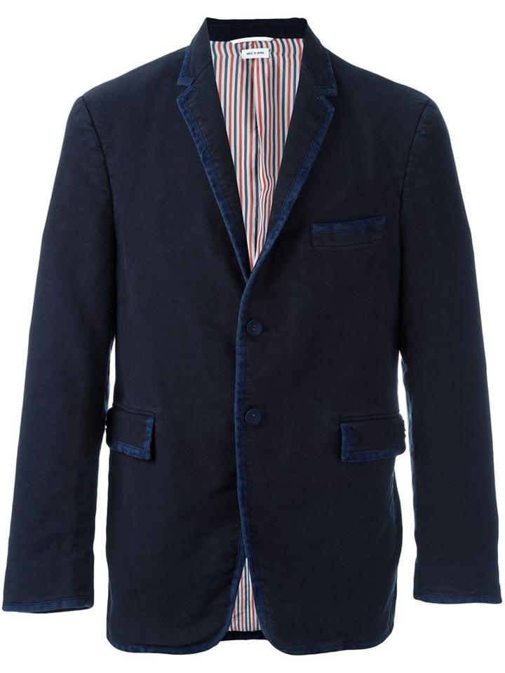 Thom Browne Single Button Casual Blazer, Men's, Size: 3, Blue, Silk/cotton/cupro