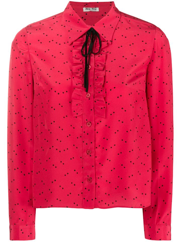 Miu Miu Polka Dot Printed Ruffle Front Blouse - Red