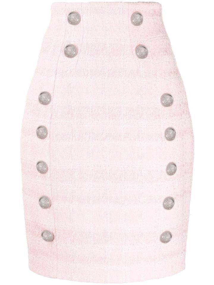 Balmain Button Embellished Tweed Pencil Skirt - Pink