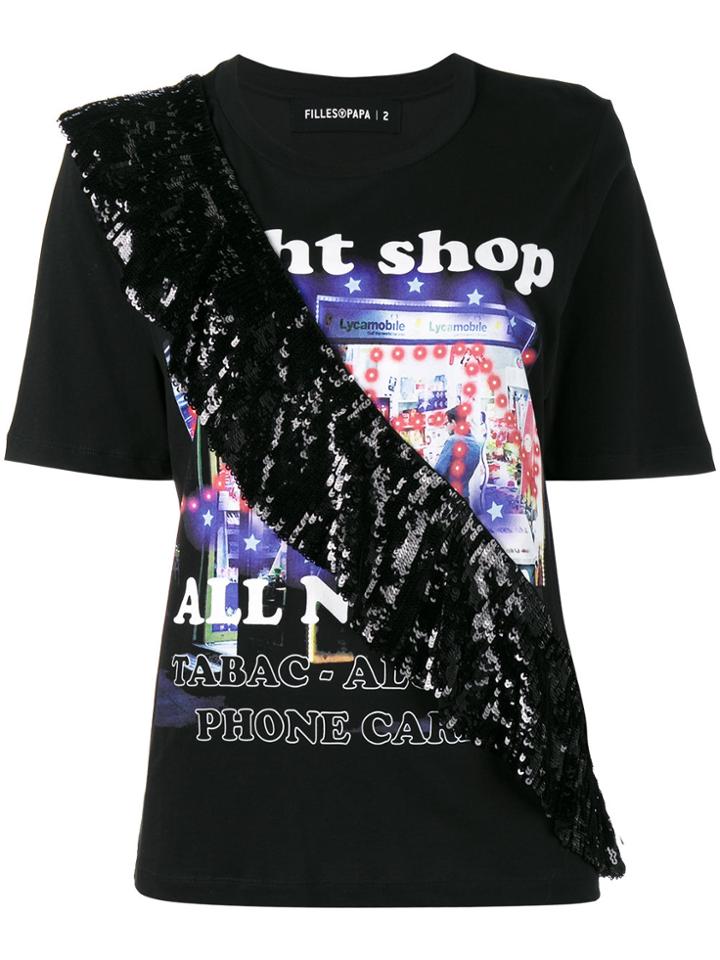 Filles A Papa Night Shop T Shirt With Sequin Frill - Black