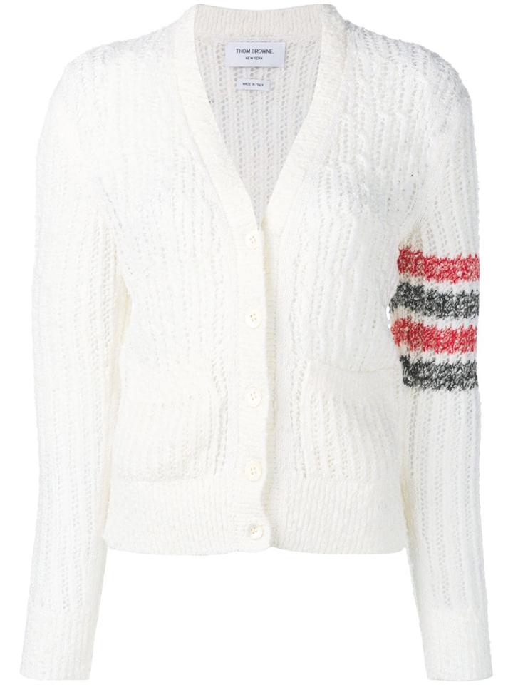 Thom Browne Striped Sleeve Bouclé Knit Cardigan - White