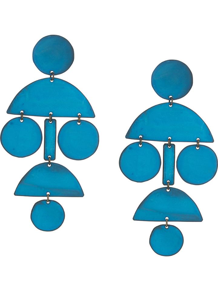 Annie Costello Brown Pom Pom Long Chandelier Earrings - Blue